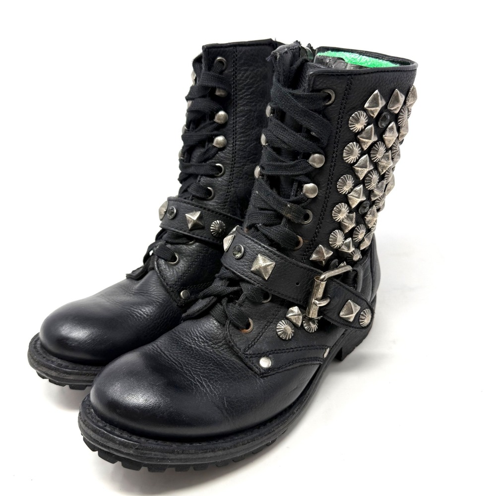 Ash Black Leather Studded Combat Boots Side Zip Buckle Harness Biker Womens Moto